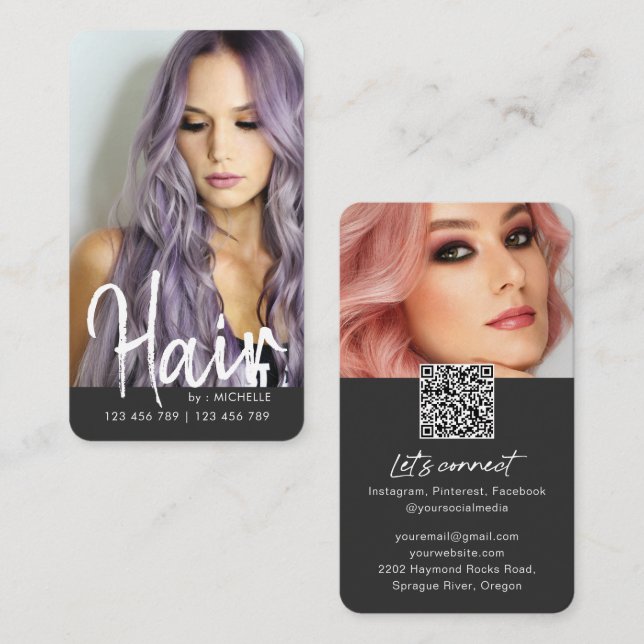 Modern Hair-Snyggt för chic QR-kodfoto Visitkort (Fram/baksida)