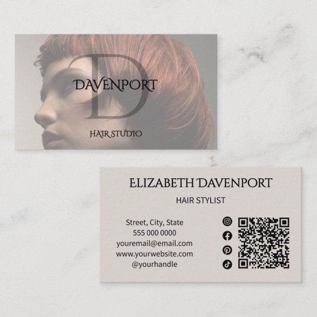 Modern Hair Studio Foto Qr Code Socialt Monogram Visitkort (Fram/baksida)