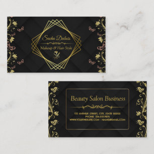 Modern Hair Stylist Black Blommigt Guld Beauty Sal Visitkort