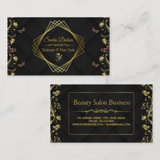 Modern Hair Stylist Black Blommigt Guld Beauty Sal Visitkort