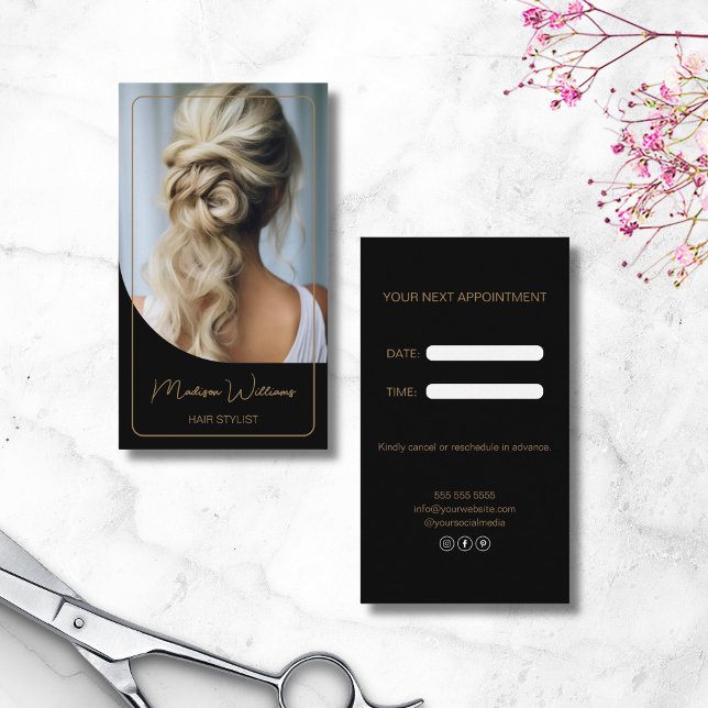 Modern Hair Stylist Black och Guld Tidsbeställning Kort (Modern Hair Stylist Black and Gold Appointment Card)