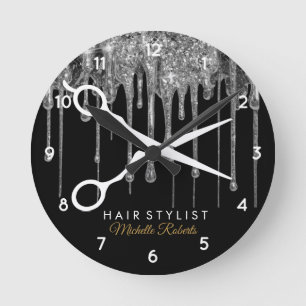 Modern Hair Stylist black Silver Glitter Clock Rund Klocka