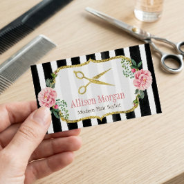 Modern Hair Stylist Girly Guld Rosa Blommigt Strip Visitkort