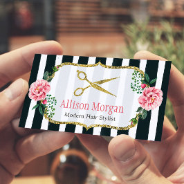 Modern Hair Stylist Girly Guld Rosa Blommigt Strip Visitkort