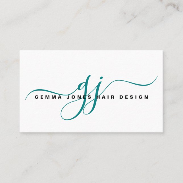 Modern Hair Stylist Guld-skript, Monogram Teal Visitkort (Framsida)
