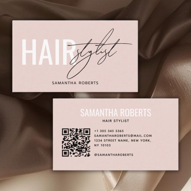 Modern hair stylist QR Code blush pink Visitkort (Skapare uppladdad)