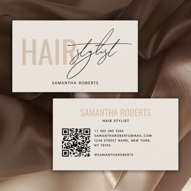 Modern hair stylist QR Code cream Visitkort (Skapare uppladdad)