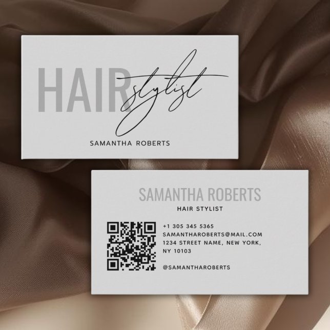 Modern hair stylist QR Code gray Visitkort (Skapare uppladdad)