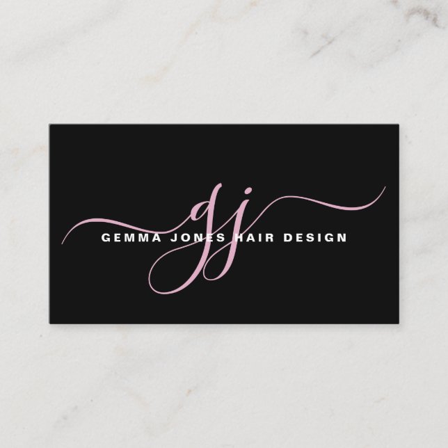 Modern Hair Stylist Rosa Script Monogram Black Visitkort (Framsida)