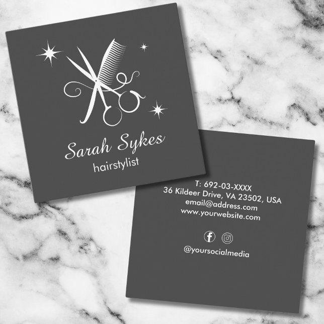 Modern Hair Stylist Scissors Barber Mörk Grått Fyrkantigt Visitkort (Skapare uppladdad)
