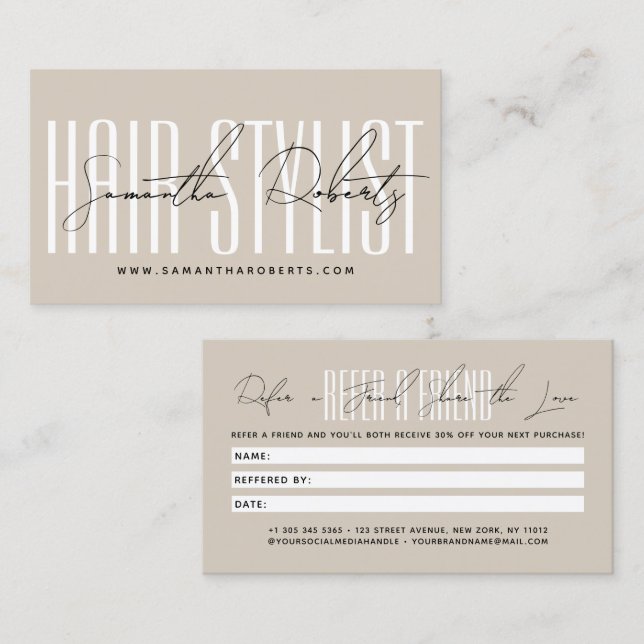 Modern hair stylist script typography customer  rabattkort (Fram/baksida)