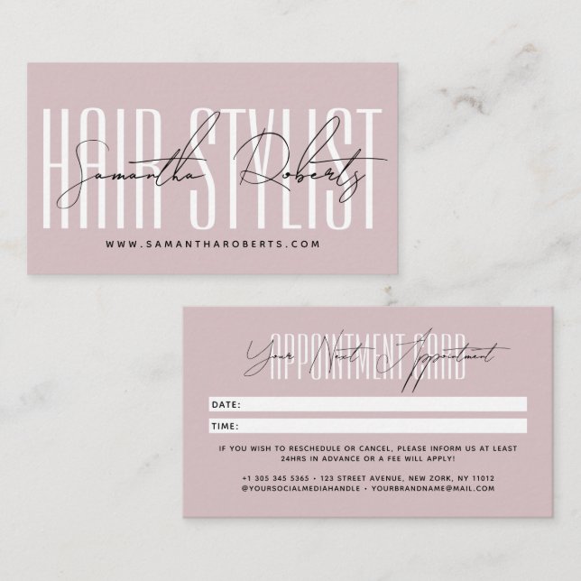 Modern hair stylist script typography neutral pink tidsbeställning kort (Fram/baksida)