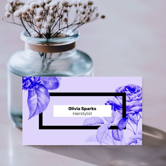 Modern Hairdresser Elegant Floral Hair Stylist Visitkort (An elegant modern hair stylist business card in lavender purple and vivid blue, with vintage florals)