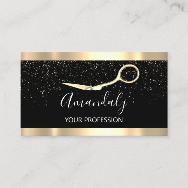 Modern Hairdresser Golden Confetti Scissors Visitkort (Framsida)