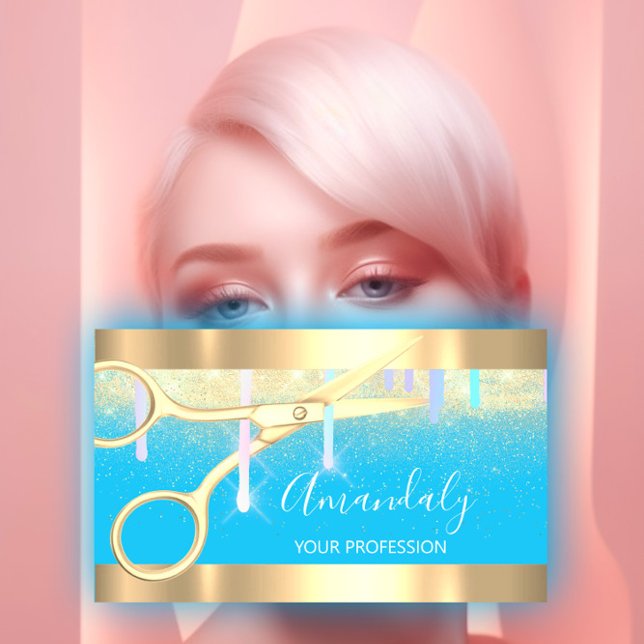 Modern Hairdresser Scissors Drives Guld Blue Visitkort (Modern Hairdresser Scissors Drips Gold Blue Business Card)