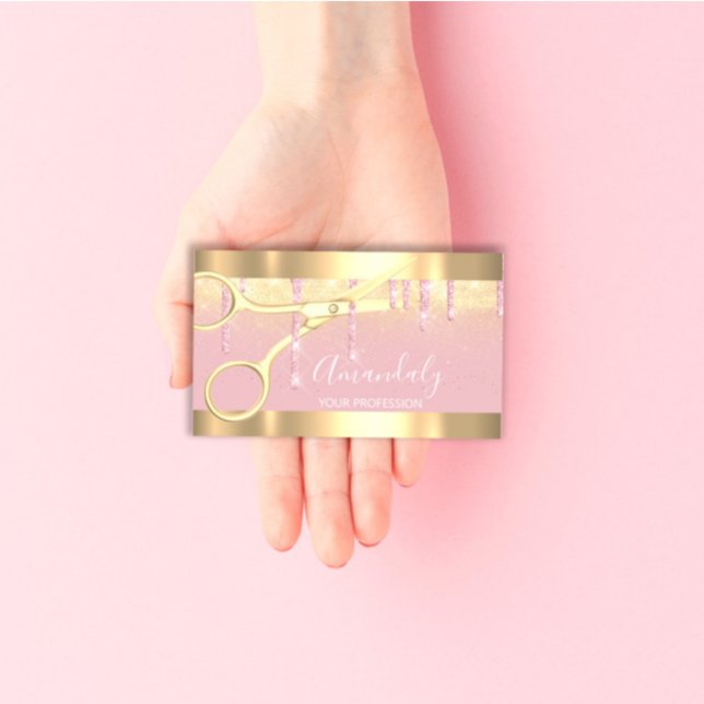 Modern Hairdresser Scissors Drives Guld Rosa  Visitkort (Modern Hairdresser Scissors Drips Gold Pink Blush Business Card)