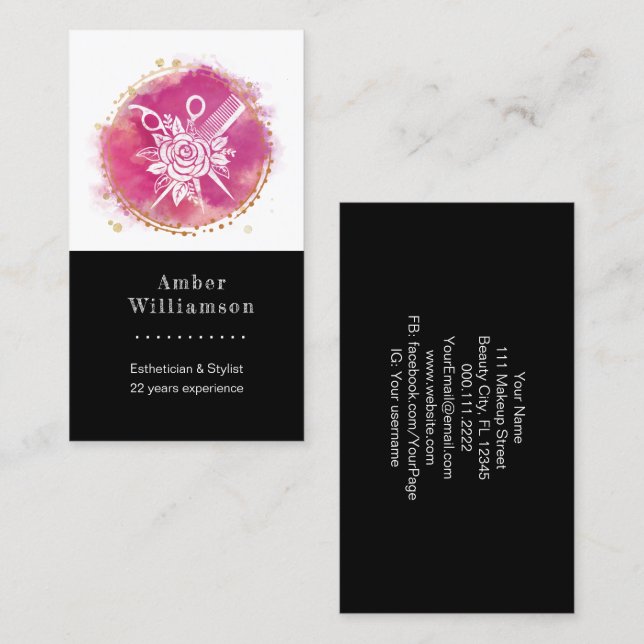 Modern Hairdresser Stylist Scissors Comb Rosa Chic Visitkort (Fram/baksida)