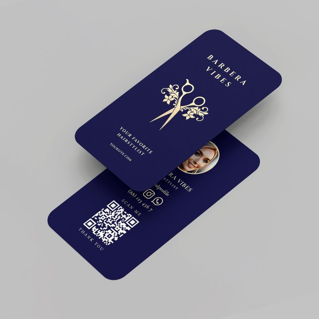 Modern Hairstylist Barber Guld Scissors Blommigt Visitkort (Modern Hairstylist Barber Gold Scissors Floral Business Card
Midnight Blue
)