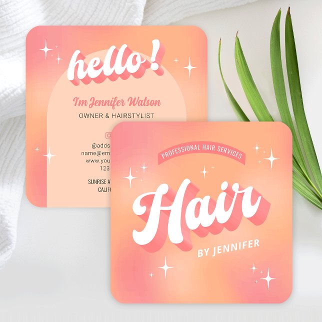 Modern Hairstylist Salon Groovy Trendig Peach Hair Fyrkantigt Visitkort (Hair salon business cards with trendy retro fonts, groovy style and girly peach color scheme)