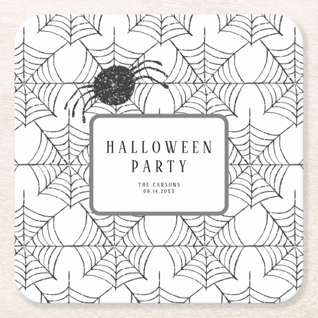 Modern Halloween fest Black White Spindelnät Underlägg Papper Kvadrat (Framsidan)