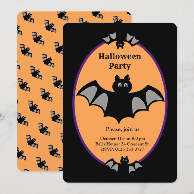 Modern Halloween fladdermus på svart och orange Inbjudningar (Fram/baksida)