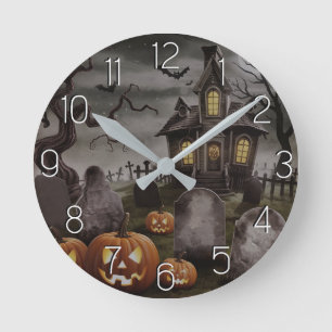 Modern Halloween-Orange Pumpkin hemsökt hus Rund Klocka