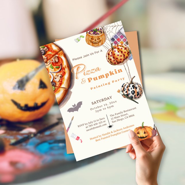 Modern Halloween Pizza & Pumpkin Painting Party Inbjudningar (Modern Halloween Pizza & Pumpkin Painting Party Invitation)