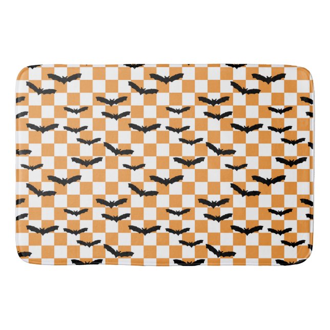 Modern Halloween Spooky Fladdermus Orange Checkerb Badrumsmatta (Framsidan)