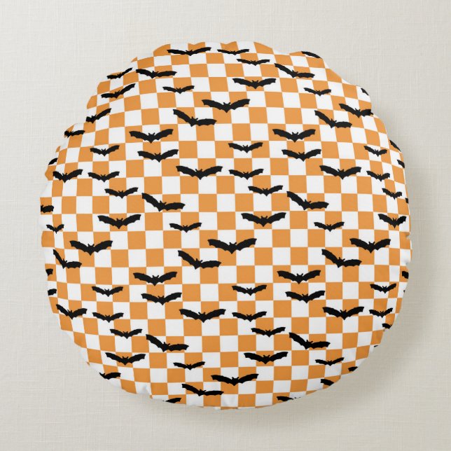 Modern Halloween Spooky Fladdermus Orange Checkerb Rund Kudde (Framsidan)