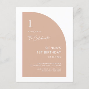 Modern halv Arch Rosa Girl 1 Birthday Invi Vykort