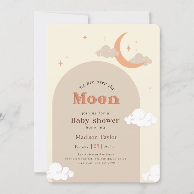 Modern halvmåne stjärnor baby shower inbjudningar (Framsida)
