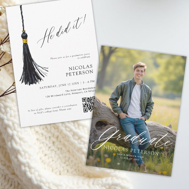 Modern Han Gjorde Det Högstadiet Examen från Högsk Meddelande (graduation announcement party invitation photo modern calligraphy simple elegant tassel he did it)