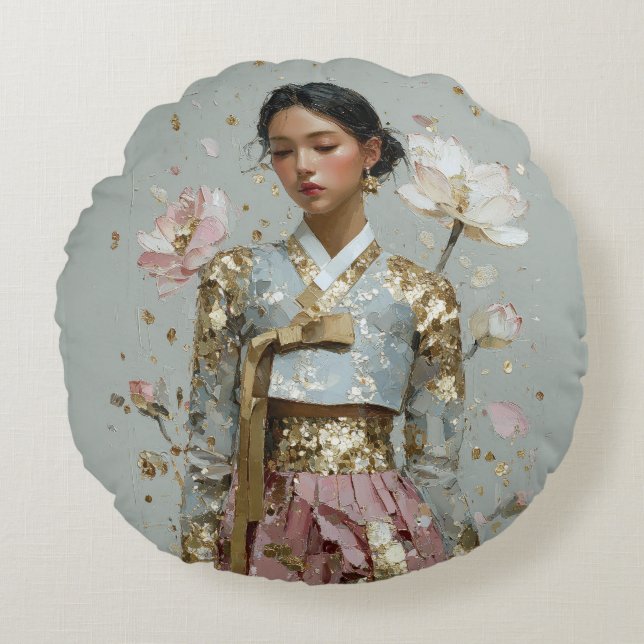 Modern Hanbok Konsttryck Rund Kudde (Framsidan)