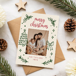 Modern Hand Drawn Botanical Family Photo Christmas Julkort