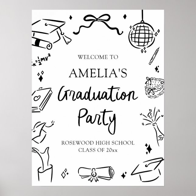 Modern Hand Drawn Bow Graduation Party Welcome Poster (Framsidan)
