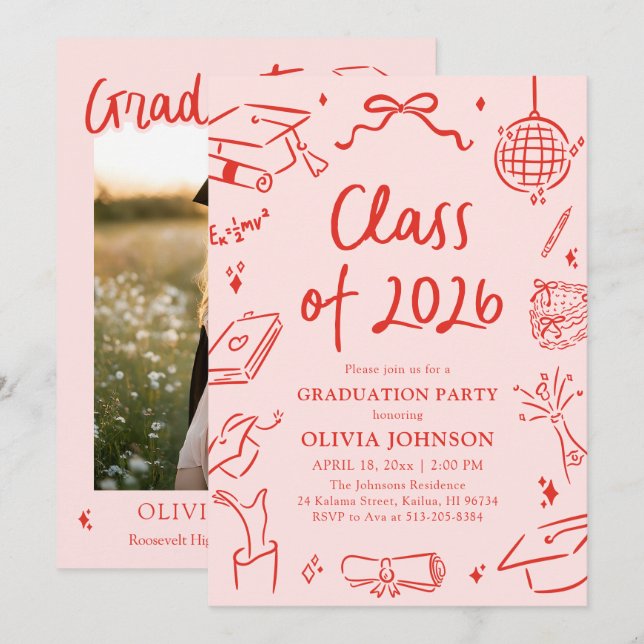 Modern Hand Drawn Class of 2026 Graduation Party Inbjudningar (Fram/baksida)