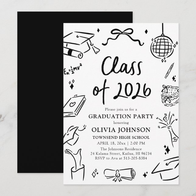 Modern Hand Drawn Class of 2026 Graduation Party Inbjudningar (Fram/baksida)