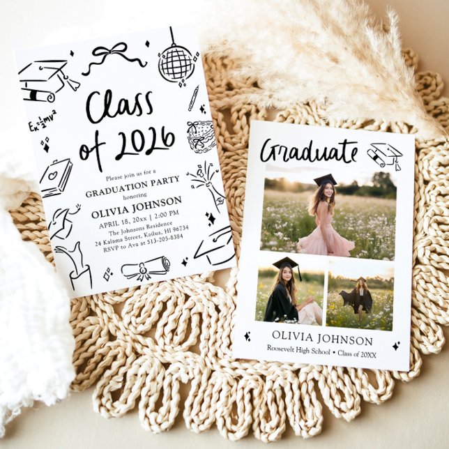 Modern Hand Drawn Class of 2026 Graduation Party Inbjudningar (Modern Hand Drawn Class of 2026 Graduation Party Invitation)