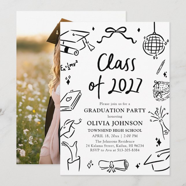 Modern Hand Drawn Class of 2027 Graduation Party Inbjudningar (Fram/baksida)