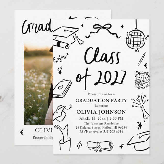 Modern Hand Drawn Class of 2027 Graduation Party Inbjudningar (Fram/baksida)