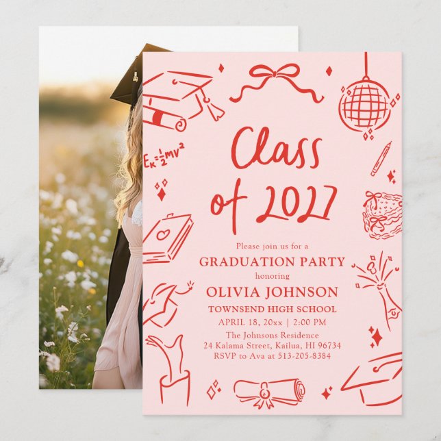 Modern Hand Drawn Class of 2027 Graduation Party Inbjudningar (Fram/baksida)
