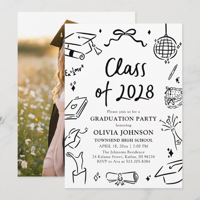 Modern Hand Drawn Class of 2028 Graduation Party Inbjudningar (Fram/baksida)