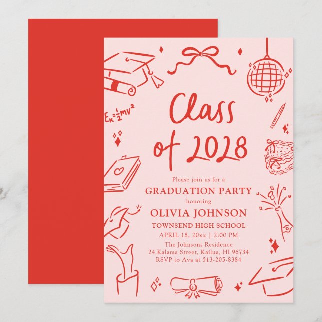 Modern Hand Drawn Class of 2028 Graduation Party Inbjudningar (Fram/baksida)