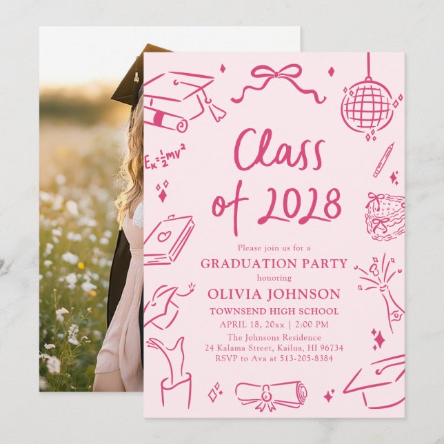 Modern Hand Drawn Class of 2028 Graduation Party Inbjudningar (Fram/baksida)