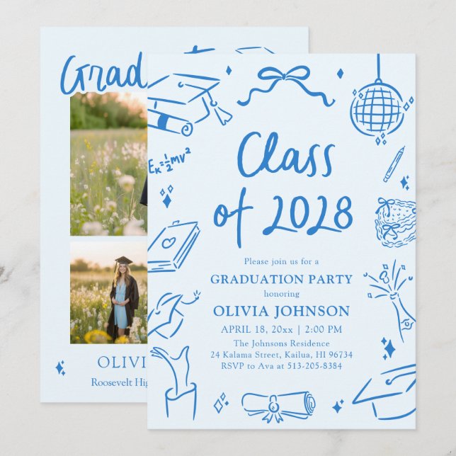 Modern Hand Drawn Class of 2028 Graduation Party Inbjudningar (Fram/baksida)