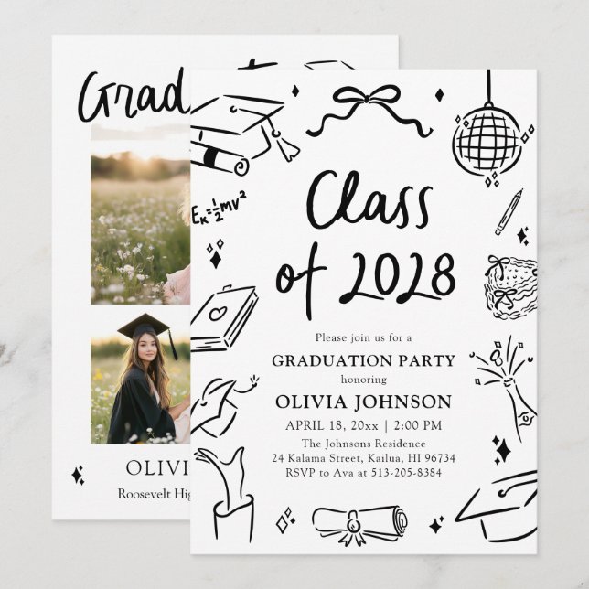Modern Hand Drawn Class of 2028 Graduation Party Inbjudningar (Fram/baksida)