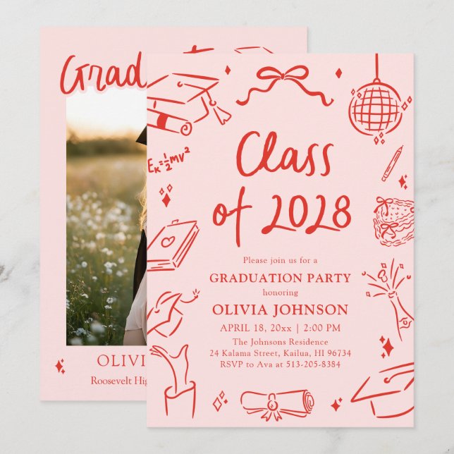 Modern Hand Drawn Class of 2028 Graduation Party Inbjudningar (Fram/baksida)