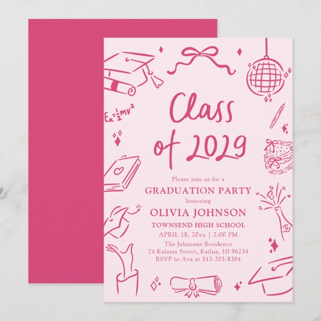 Modern Hand Drawn Class of 2029 Graduation Party Inbjudningar (Fram/baksida)