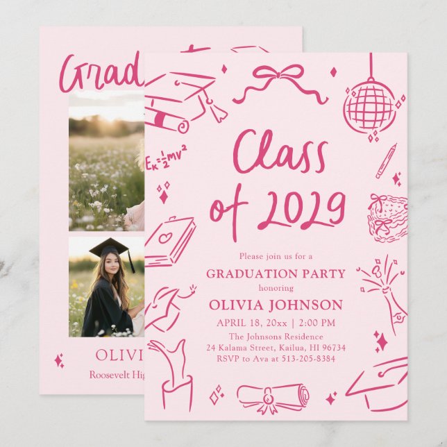 Modern Hand Drawn Class of 2029 Graduation Party Inbjudningar (Fram/baksida)