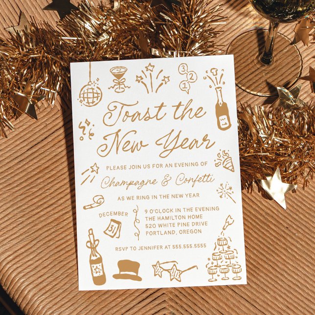 Modern Hand Drawn Gold Doodle New Year’s Eve Party Inbjudningar (Skapare uppladdad)
